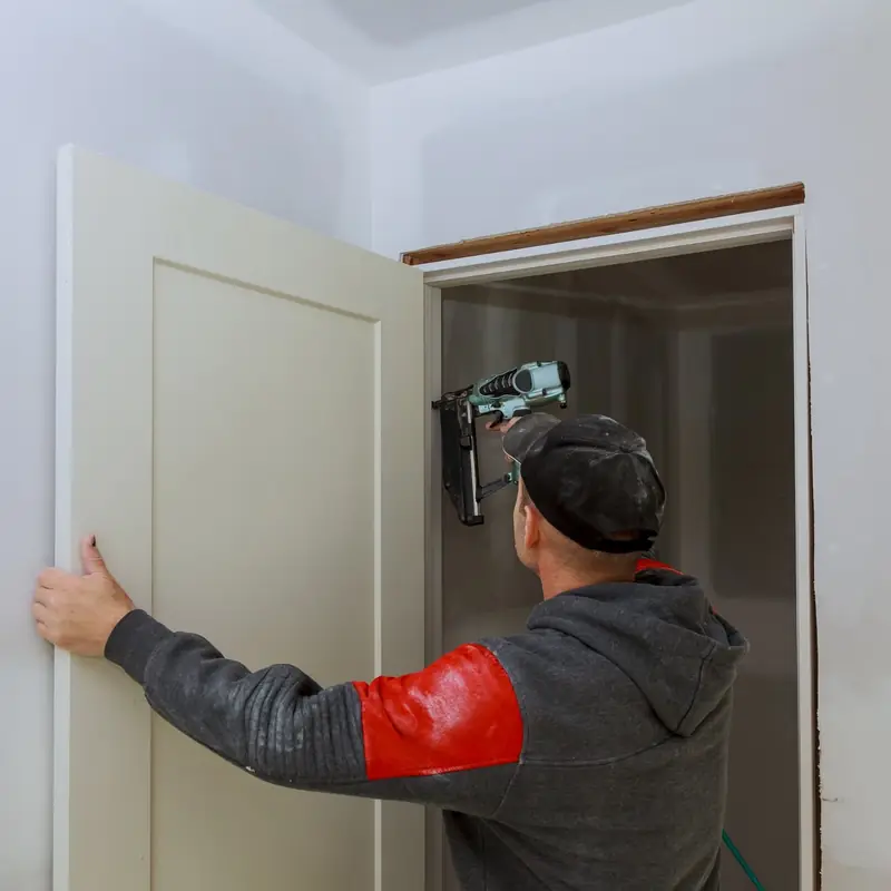 Installer hanging an entry door square